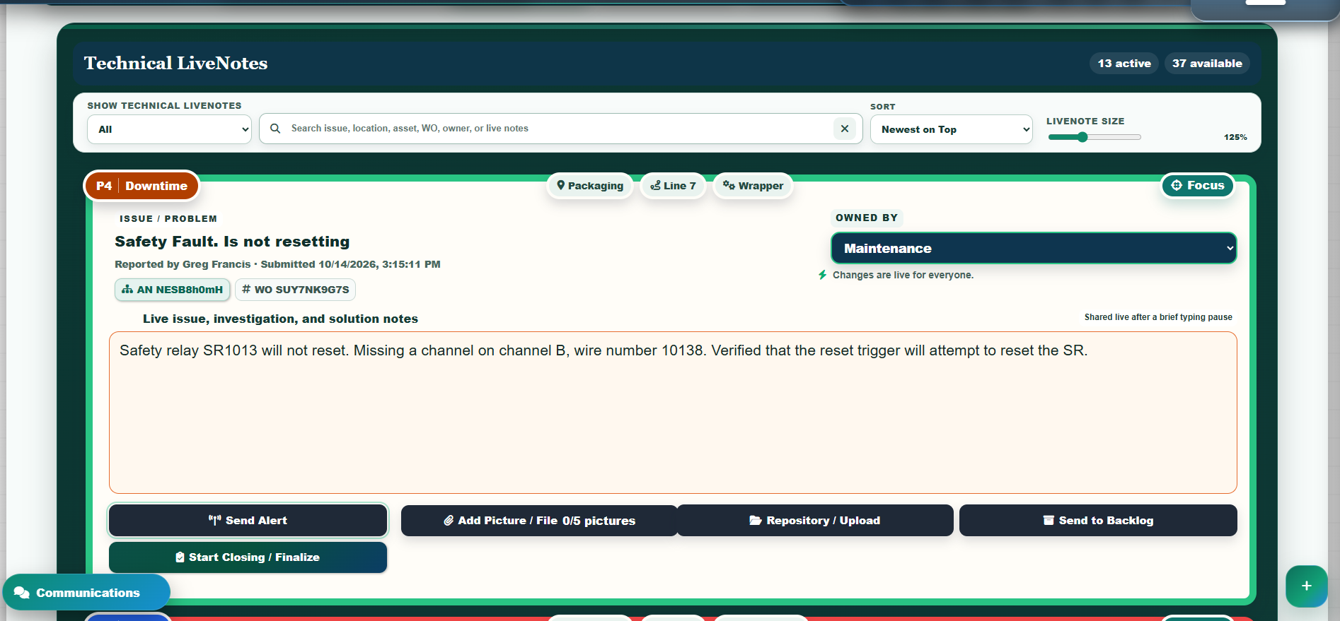 Actual Turnover Technical LiveNote interface