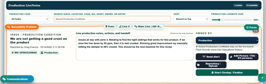 Actual Turnover Operational LiveNote with production handoff notes